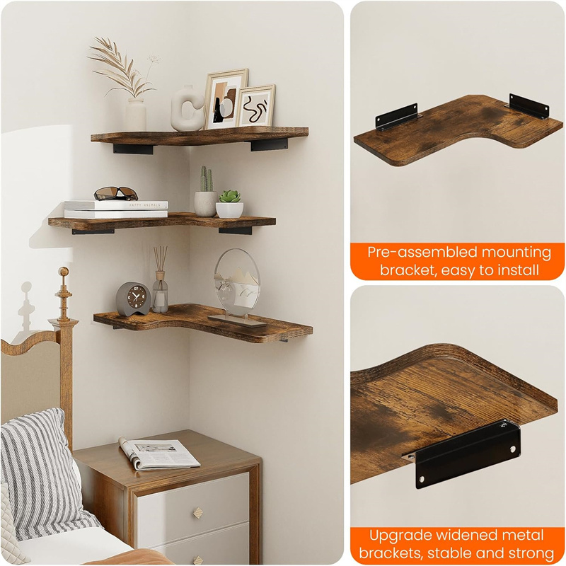 L-Shaped Wood Hanging Storage Shelf Corner Wall Shelves with Wire Hole Corner Floating Shelves for Wall Decor