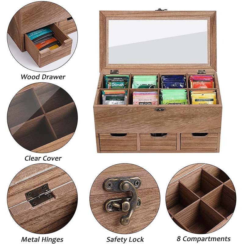 Wooden Tea Box Organizer Tea Storage with 8 Compartments Rustic Tea Bag Holder with 3 Drawers