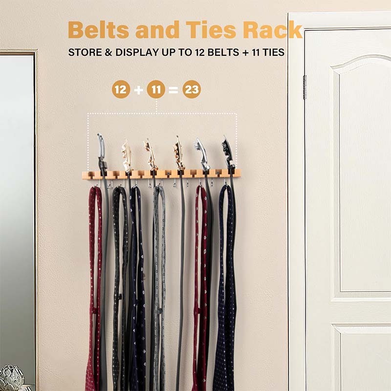 Tie Rack Tie Hanger Wooden Wall Mounted 2-in-1 Belt Hanger Tie Organizer for Closet with 360 degrees Rotatable Hooks