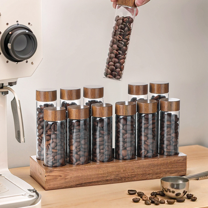 Single Dose Coffee Bean Cellar Dosing Glass Vials Coffee Bean Storage Tubes With Lids and Wooden Display Stand