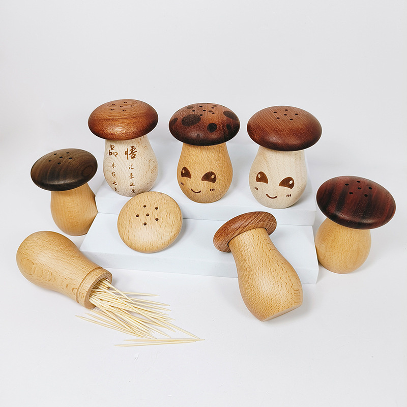 wooden creative cartoon smiling face mushroom toothpick holder beech wood toothpick dispensers can storage box