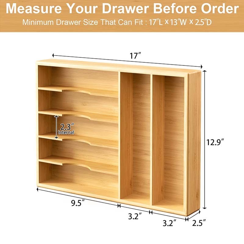 Kitchen Bamboo Drawer Organizer 13 Inch Silverware Utensil Tray Holder Extra Deep Grooved Drawer Divider