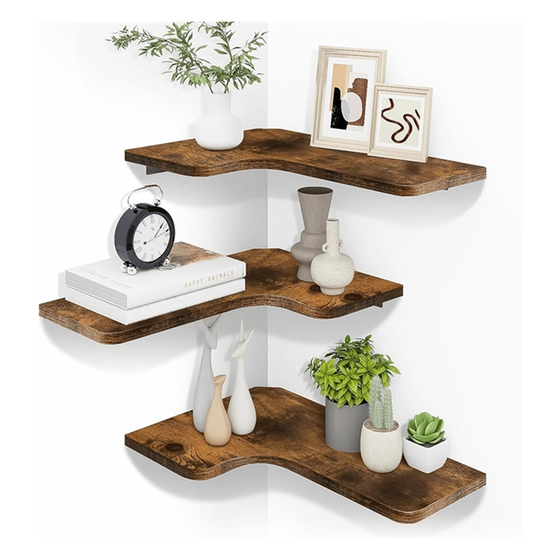 L-Shaped Wood Hanging Storage Shelf Corner Wall Shelves with Wire Hole Corner Floating Shelves for Wall Decor