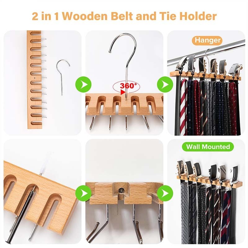 Tie Rack Tie Hanger Wooden Wall Mounted 2-in-1 Belt Hanger Tie Organizer for Closet with 360 degrees Rotatable Hooks