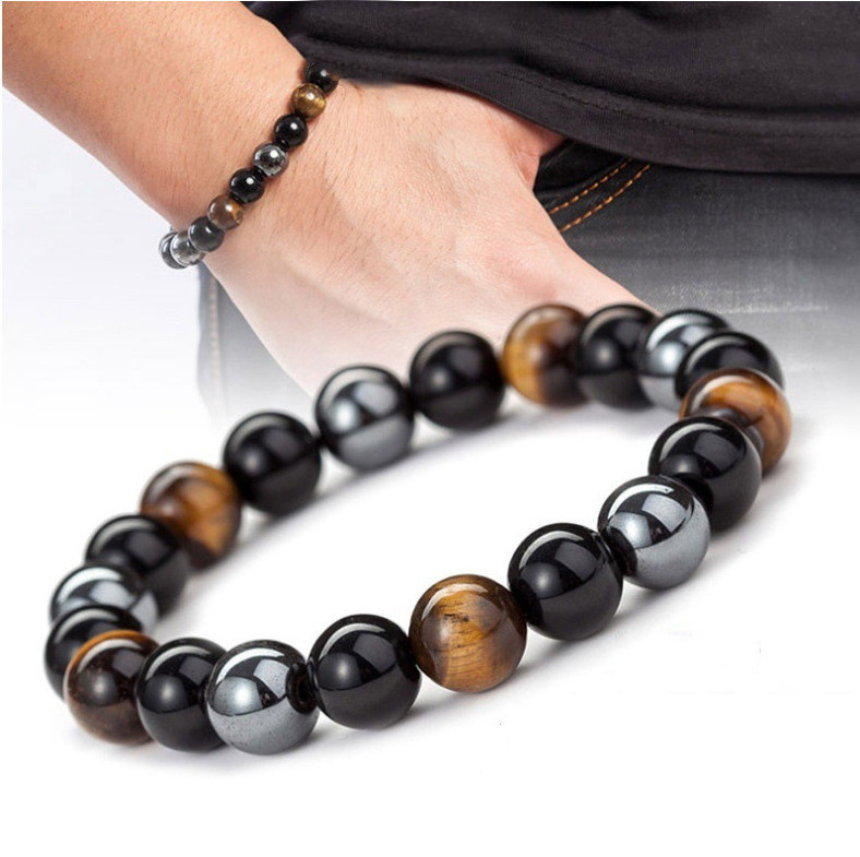 gemstone black obsidian hematite elastic healing energy magnetic mens tiger eye crystals stone triple protection bead bracelet