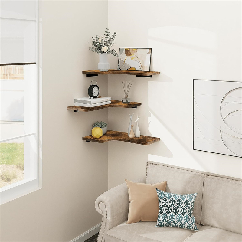 L-Shaped Wood Hanging Storage Shelf Corner Wall Shelves with Wire Hole Corner Floating Shelves for Wall Decor