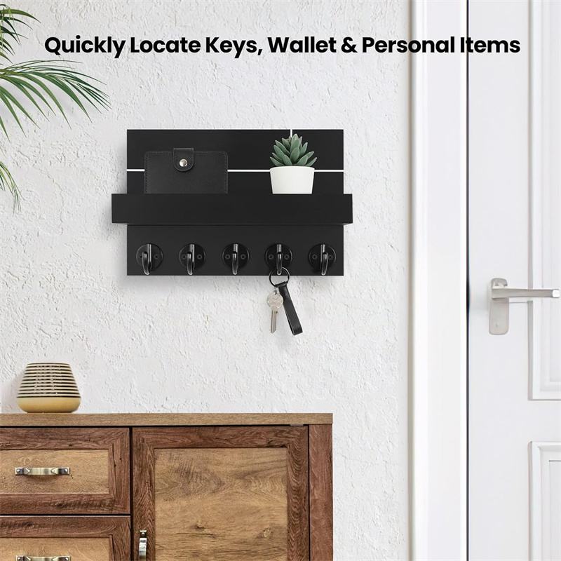 Decorative Wall Shelf with Hooks Holds Key Rings Dog Leash Wallet Purse Real Paulownia Wood Entryway Shelf