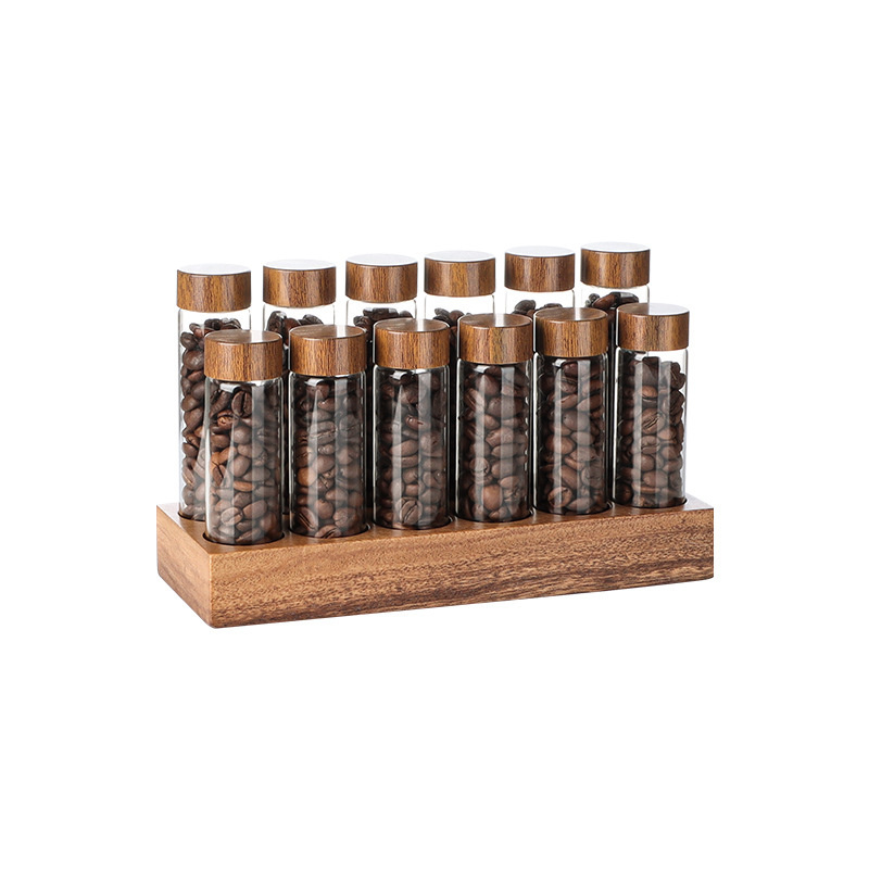 Single Dose Coffee Bean Cellar Dosing Glass Vials Coffee Bean Storage Tubes With Lids and Wooden Display Stand