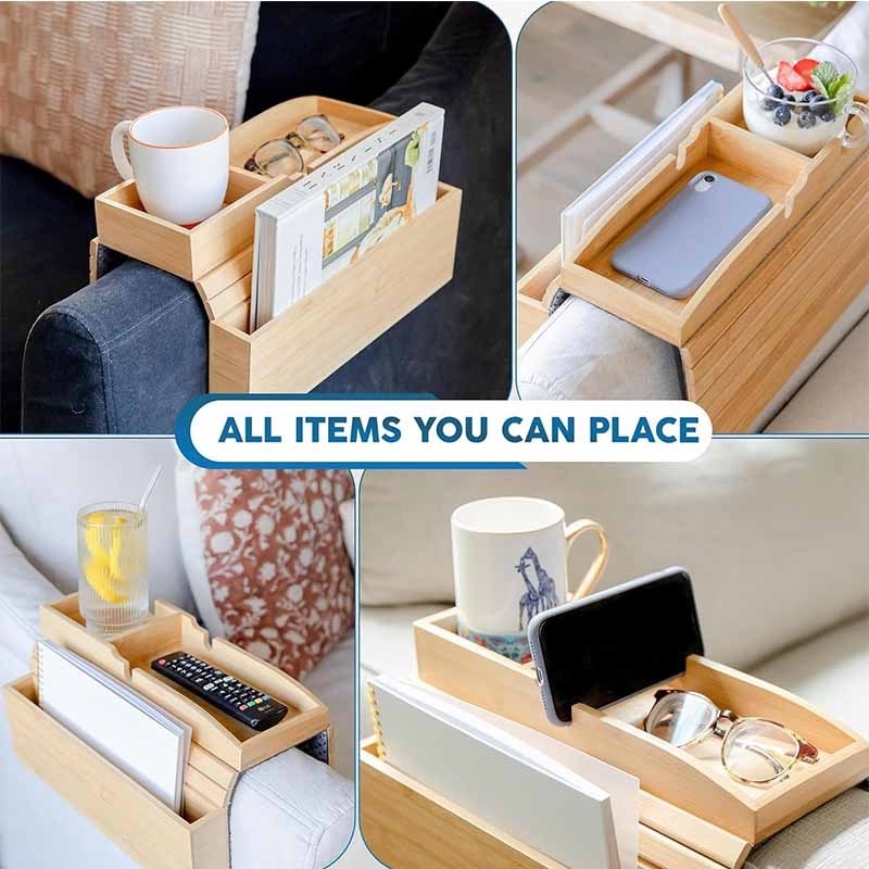 Custom Multifunctional Bamboo Couch Cup Holder With Side Storage Non-slip Sofa Armrest Tray Table Couchbar For Valentine's Day