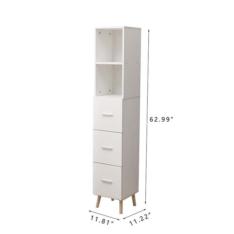 Narrow Slim Tower Cabinet 3 Drawers 2 Open Shelves Freestanding Storage Cabinet for Living Room Kitchen Office Study Entryway