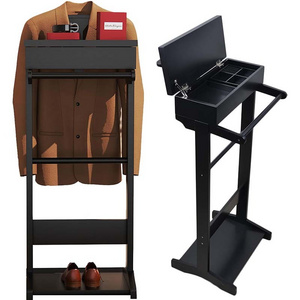 Valet Stand for Men Black Clothes Valet Stand with Top Tray Flip-up Storage Compartment Using in Entryway Office Bedroom