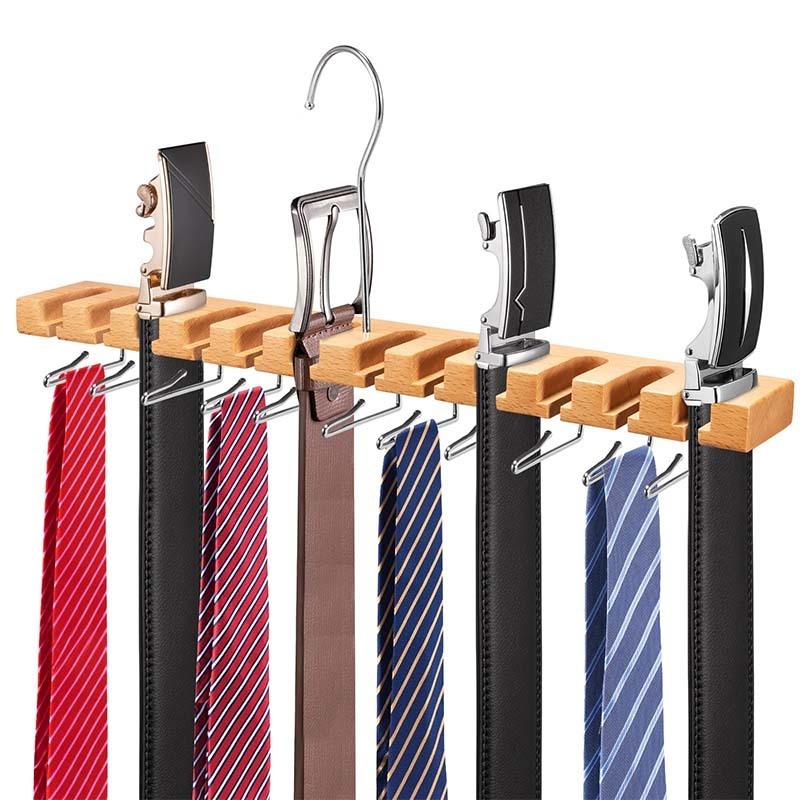 Tie Rack Tie Hanger Wooden Wall Mounted 2-in-1 Belt Hanger Tie Organizer for Closet with 360 degrees Rotatable Hooks