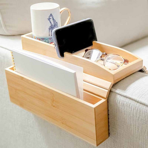 Custom Multifunctional Bamboo Couch Cup Holder With Side Storage Non-slip Sofa Armrest Tray Table Couchbar For Valentine's Day