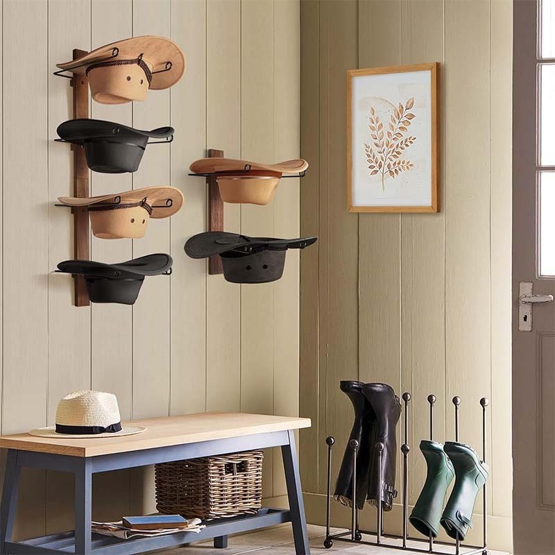 Cowboy Hat Rack 6 Pieces with Wooden Board Metal Wall Storage Hat Holder Organizer for Hat Collection Room Decor