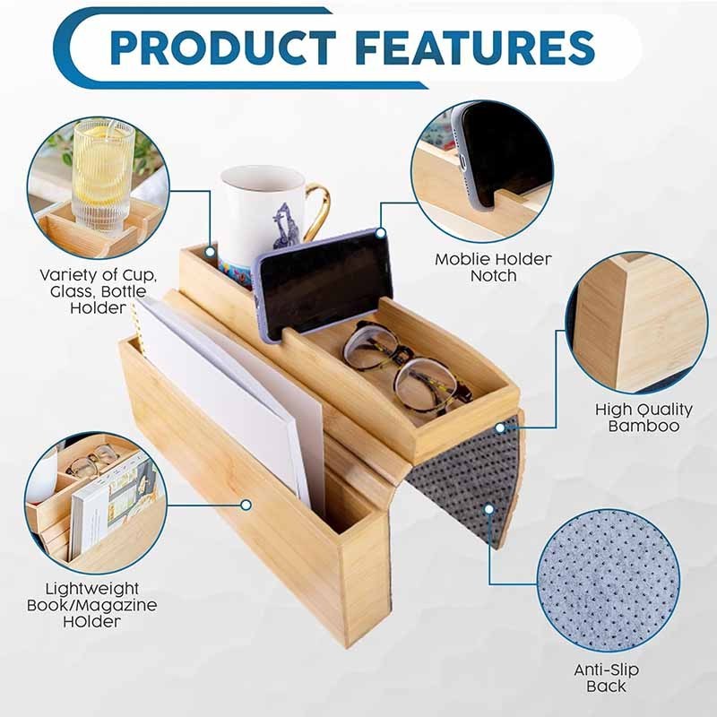 Custom Multifunctional Bamboo Couch Cup Holder With Side Storage Non-slip Sofa Armrest Tray Table Couchbar For Valentine's Day