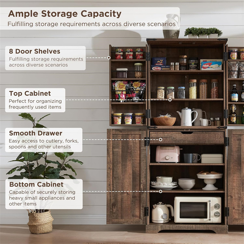 Farmhouse Storage Cabinet with Barn Doors Organizer Drawer and Adjustable Shelves Rustic Wood Cupboard for Kitchen Dining Room