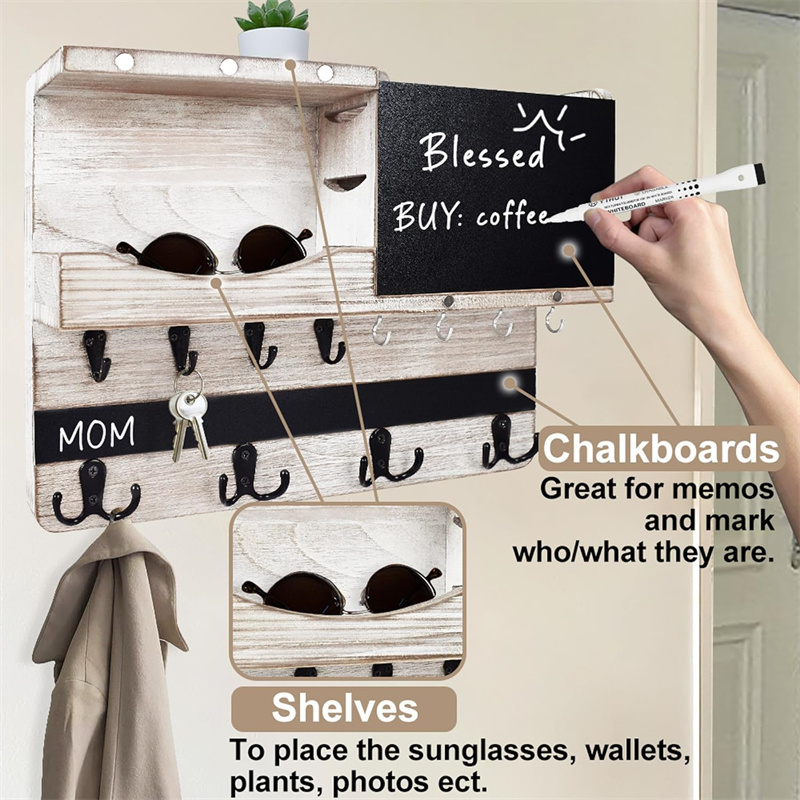 Rustic Mail and Key Organizer for Wall with Different Hooks Blackboard Shelf Basket Clips