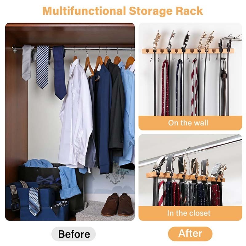 Tie Rack Tie Hanger Wooden Wall Mounted 2-in-1 Belt Hanger Tie Organizer for Closet with 360 degrees Rotatable Hooks