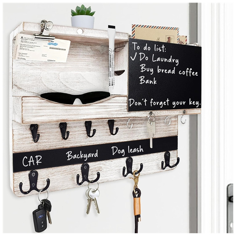 Rustic Mail and Key Organizer for Wall with Different Hooks Blackboard Shelf Basket Clips