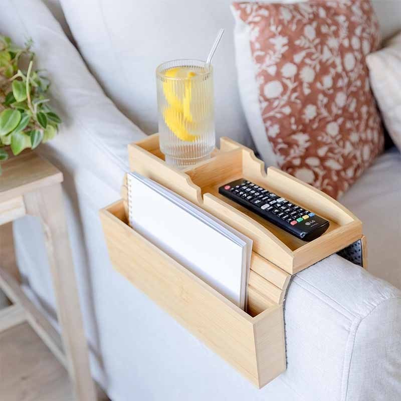 Custom Multifunctional Bamboo Couch Cup Holder With Side Storage Non-slip Sofa Armrest Tray Table Couchbar For Valentine's Day