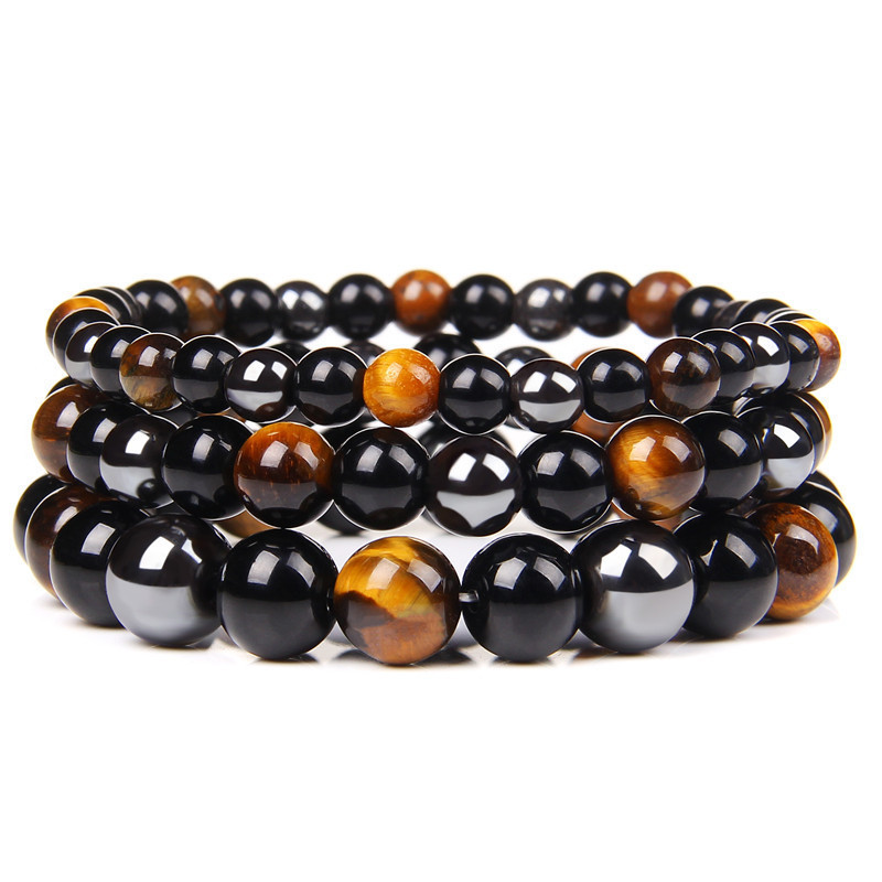 gemstone black obsidian hematite elastic healing energy magnetic mens tiger eye crystals stone triple protection bead bracelet