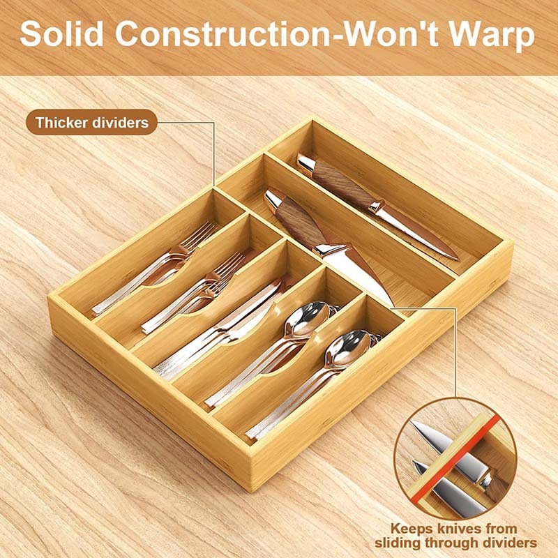 Kitchen Bamboo Drawer Organizer 13 Inch Silverware Utensil Tray Holder Extra Deep Grooved Drawer Divider