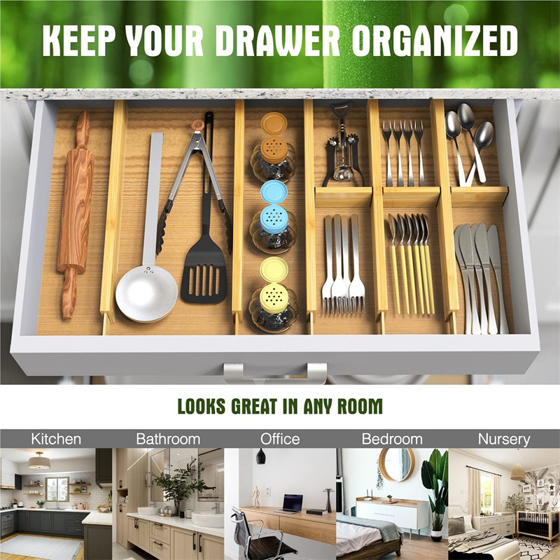 Long Adjustable Spring loaded Organizer for Large Utensil Clothes Tools Bamboo Drawer Dividers Organizers