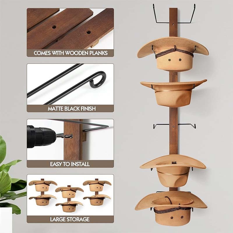 Cowboy Hat Rack 6 Pieces with Wooden Board Metal Wall Storage Hat Holder Organizer for Hat Collection Room Decor