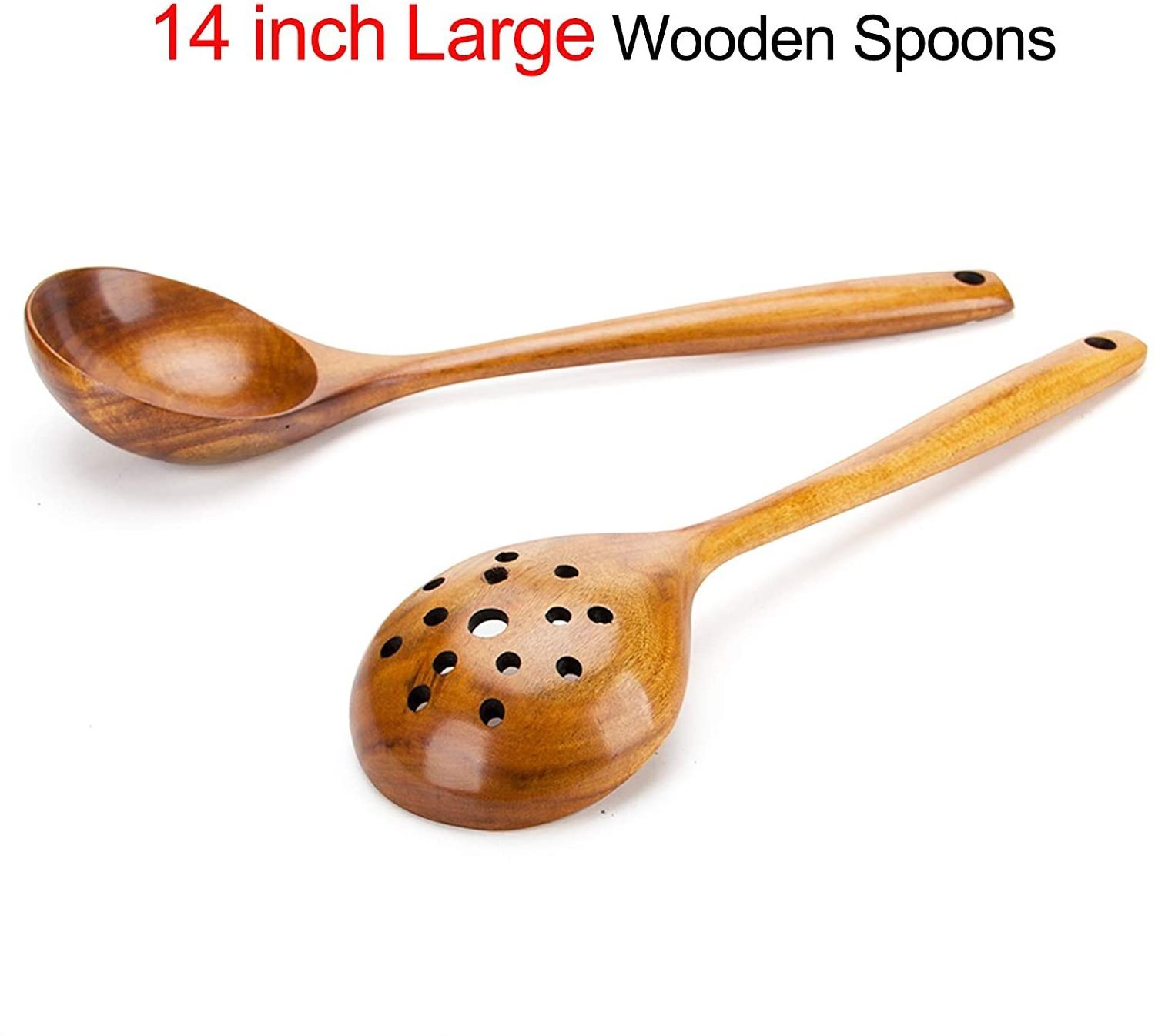 14 inch Large Acacia Wood Cooking Spoon Set of 2 Handmade Wooden Slotted Spoon & Best Long Kitchen Spoons Big Ladle Utensil