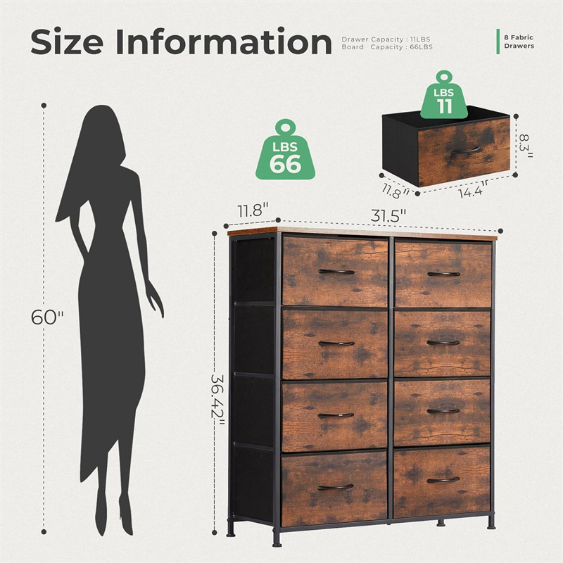 Dresser for Bedroom with 8 Fabric Drawers Tall Chest Organizer Units for Clothing Closet Storage Tower with Cabinet