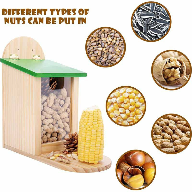 Outside Garden Wooden Squirrel Feeder Box Squirrel Feeding Stations with Green Cover Easy to Fill Squirrel Feeding House