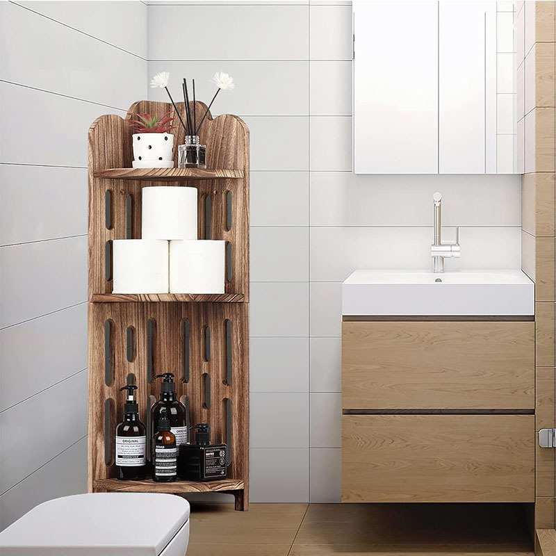 3 tier solid wood display wooden bathroom accessories organizer stand corner shower shelf for narrow space home office