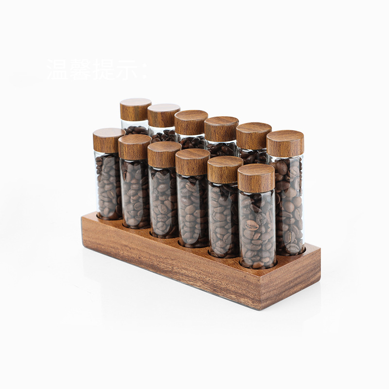 Single Dose Coffee Bean Cellar Dosing Glass Vials Coffee Bean Storage Tubes With Lids and Wooden Display Stand