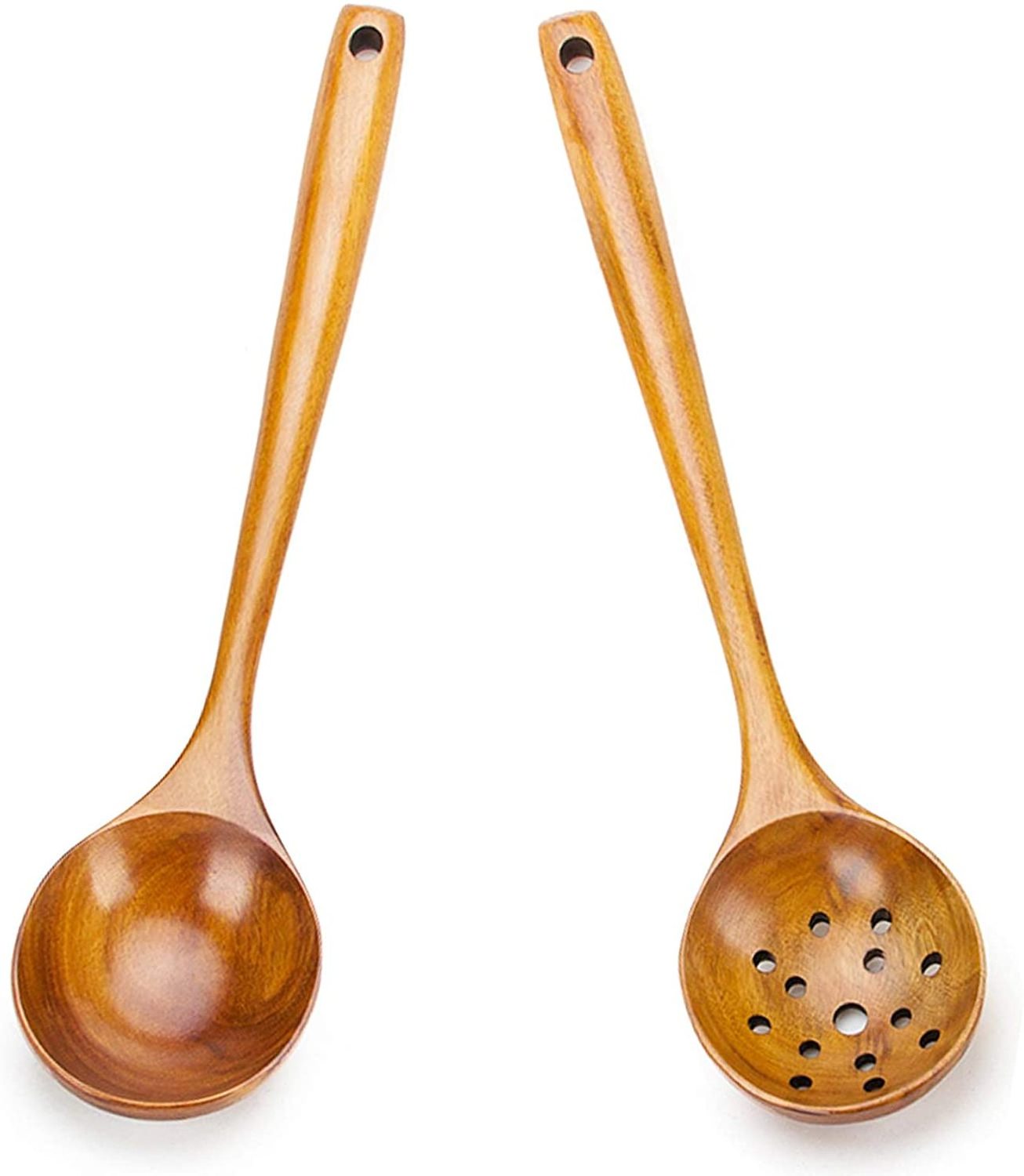 14 inch Large Acacia Wood Cooking Spoon Set of 2 Handmade Wooden Slotted Spoon & Best Long Kitchen Spoons Big Ladle Utensil