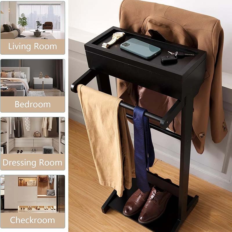 Valet Stand for Men Black Clothes Valet Stand with Top Tray Flip-up Storage Compartment Using in Entryway Office Bedroom