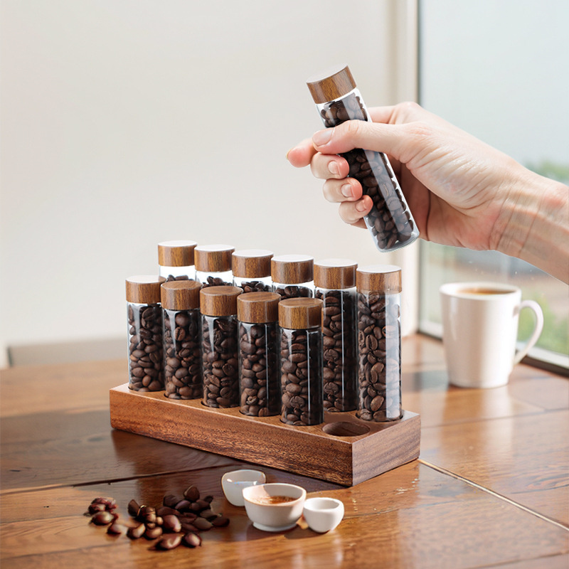 Single Dose Coffee Bean Cellar Dosing Glass Vials Coffee Bean Storage Tubes With Lids and Wooden Display Stand