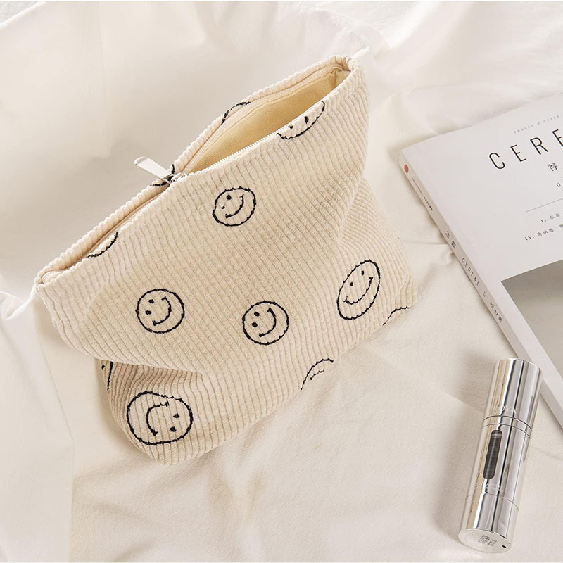 New Smile Print Corduroy Bag Custom Carry Cosmetics Makeup Bag For Girls