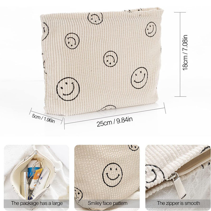 New Smile Print Corduroy Bag Custom Carry Cosmetics Makeup Bag For Girls