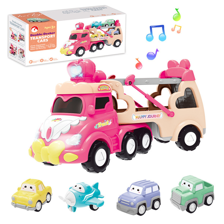 5 in-1 Transport Toy Trucks with Lights Music Pink Princess Car Toys  Carrier Truck Vehicle Little Toddler Girl Toy