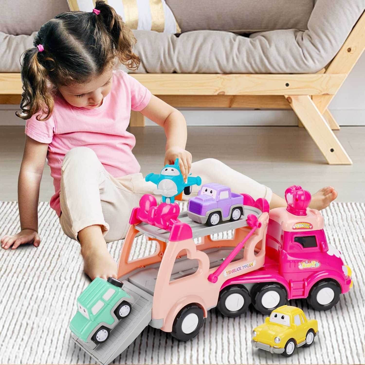 5 in-1 Transport Toy Trucks with Lights Music Pink Princess Car Toys  Carrier Truck Vehicle Little Toddler Girl Toy