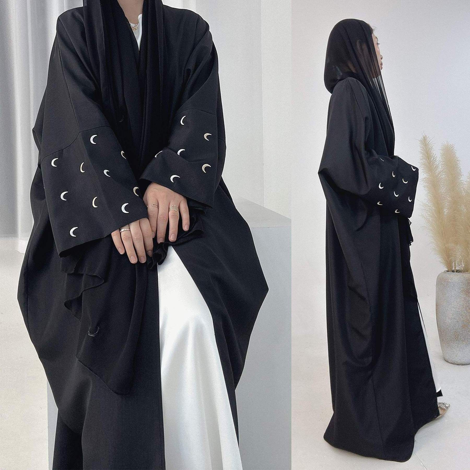 2024 Turkey EID Modest Dubai Abaya for Girl Kimono Muslim Women Dress Custom Luxury Cute Moon Embroidery Sleeves Linen Open Abay