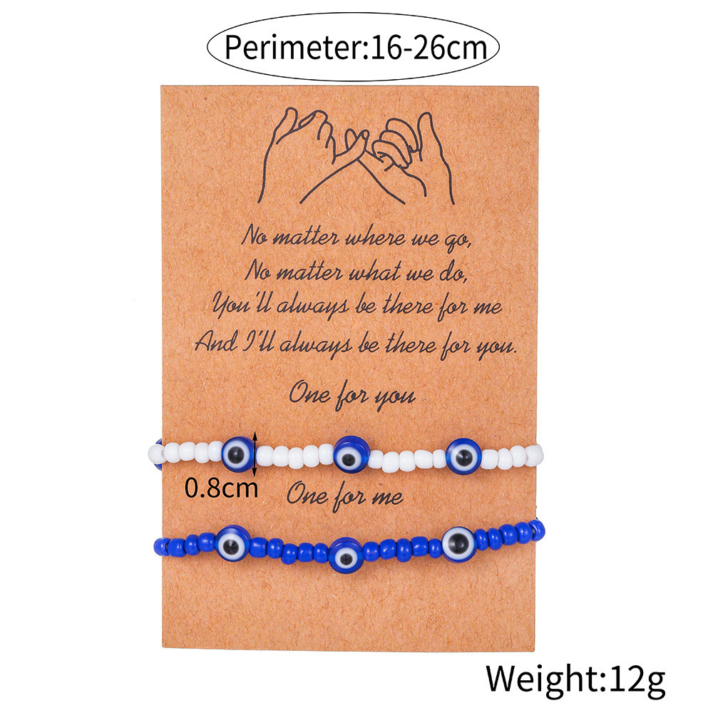 2Pcs/Set Evil Eyes bracelets Blue and White Rice Beads 2 elastic adjustable couple paper card bracelet set