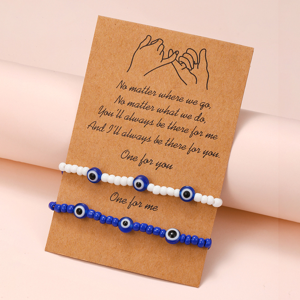 2Pcs/Set Evil Eyes bracelets Blue and White Rice Beads 2 elastic adjustable couple paper card bracelet set