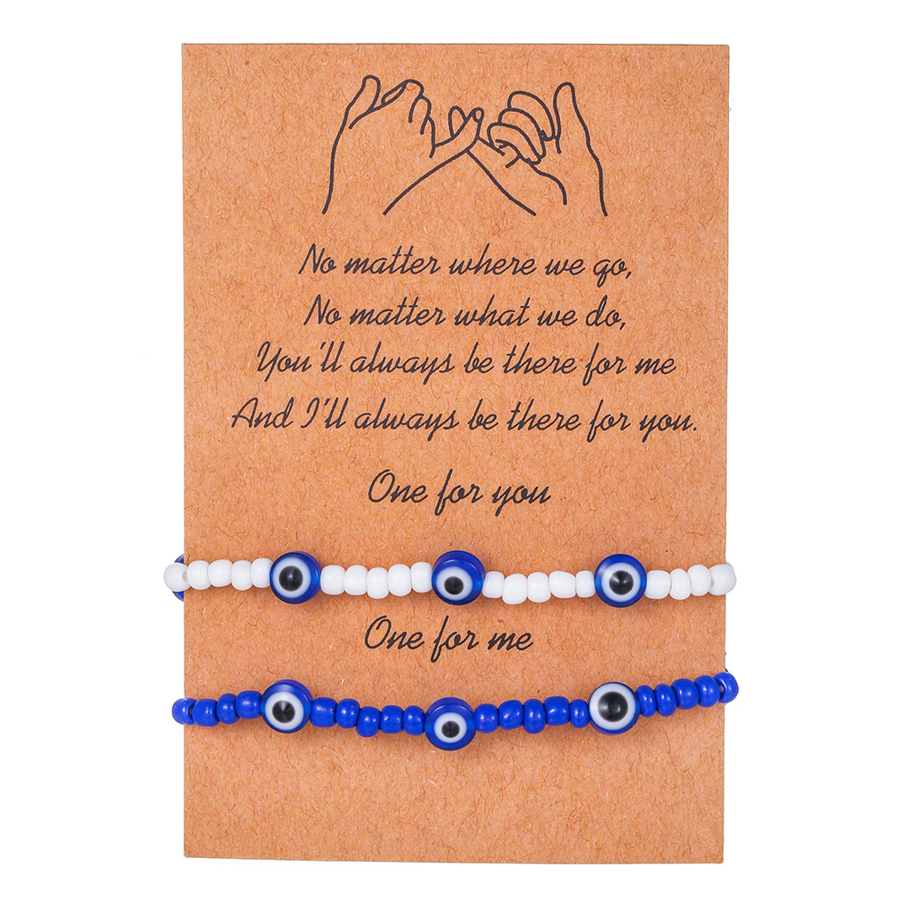 2Pcs/Set Evil Eyes bracelets Blue and White Rice Beads 2 elastic adjustable couple paper card bracelet set