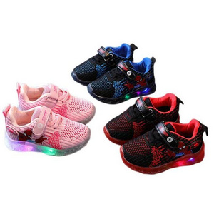 Autumn New Children's Shoes Fly Woven Bright Lights LED Sports Sneakers Cartoon Supermen Kids Casual Shoes Mesh Breathable