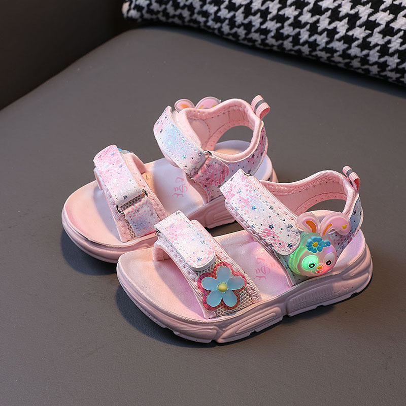 Wholesale Girls Sandals Summer New Light Children Shoes LED Beach Sandals Baby Shoes Stock Cute Cartoon Flowers Soft Sole Walk