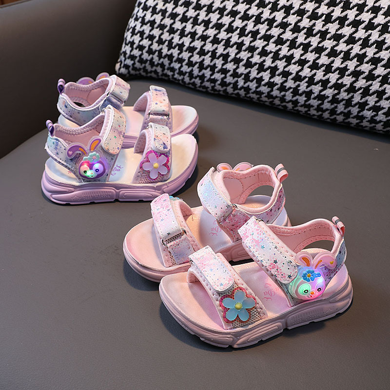 Wholesale Girls Sandals Summer New Light Children Shoes LED Beach Sandals Baby Shoes Stock Cute Cartoon Flowers Soft Sole Walk