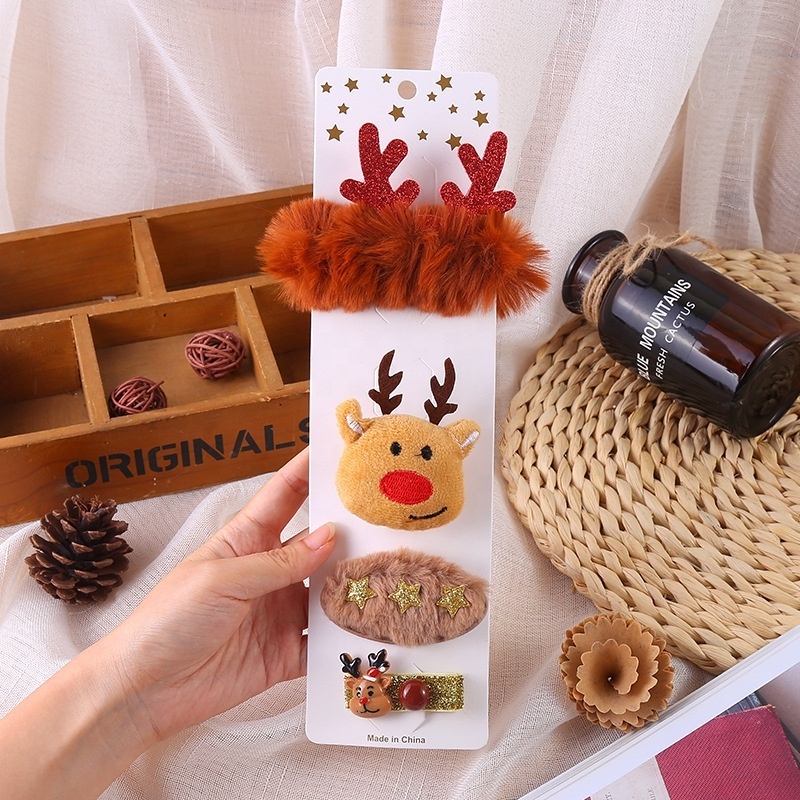 Christmas Hair Accessories Cute Elk Old Man Brooch DIY Cartoon Hairpin Tree Plush Scrunchie Clip Set