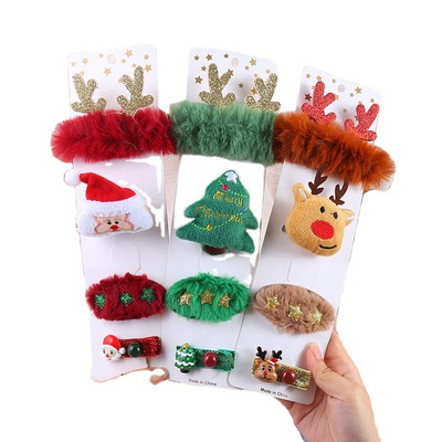 Christmas Hair Accessories Cute Elk Old Man Brooch DIY Cartoon Hairpin Tree Plush Scrunchie Clip Set