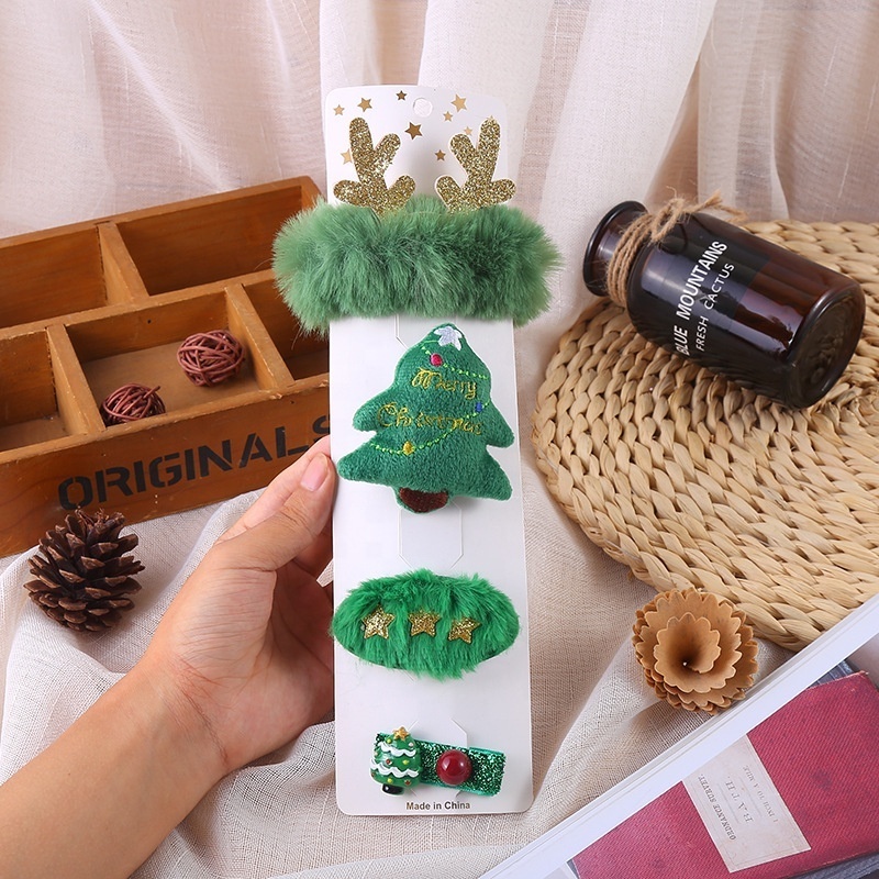 Christmas Hair Accessories Cute Elk Old Man Brooch DIY Cartoon Hairpin Tree Plush Scrunchie Clip Set